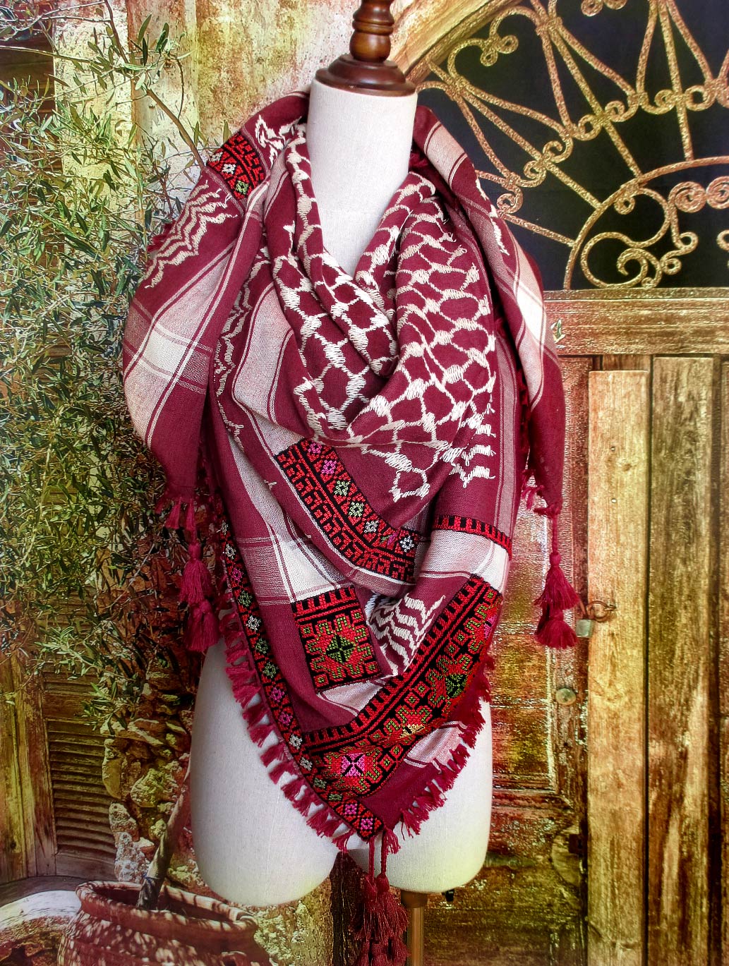 Keffiyeh scarf with Palestinian embroidery
