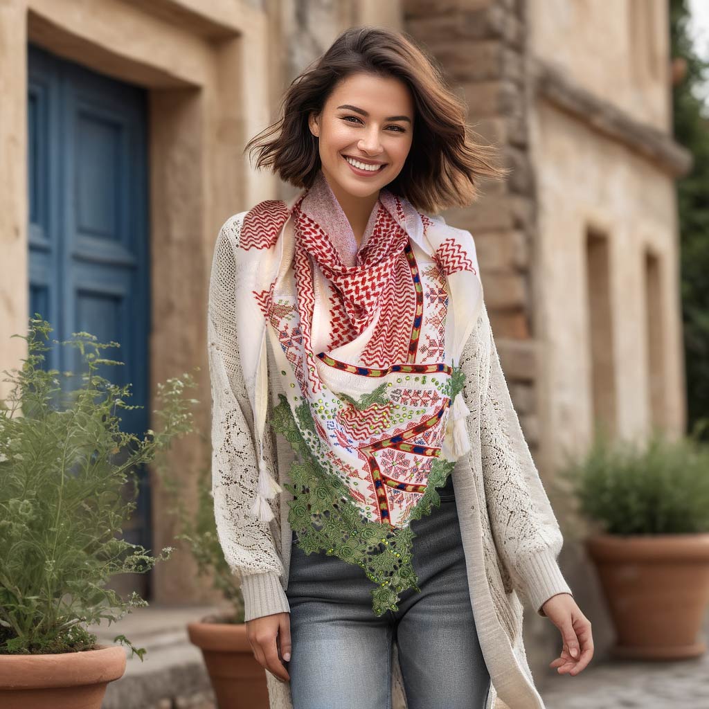  Keffiyeh scarf with Palestinian Embroidery and strases 